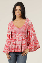 V Neck Smocked Bust Wide Sleeve Top