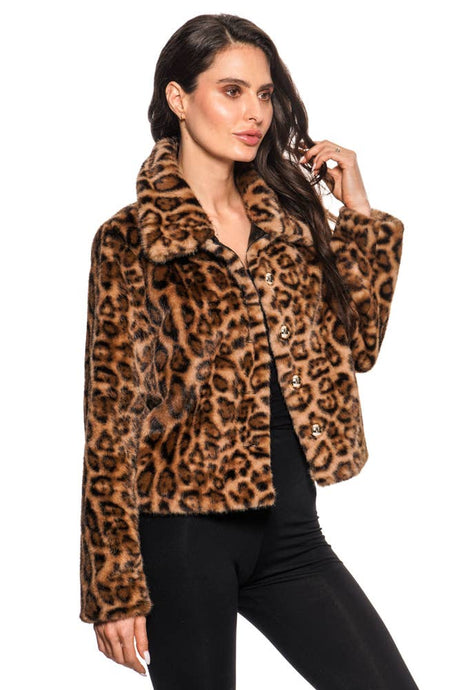 Brown Cropped Faux Fur Leopard Jacket