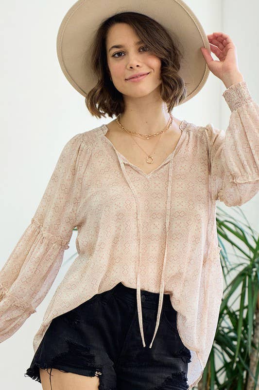 Blush Mixed Floral Smocked Tier Sleeve Blouse