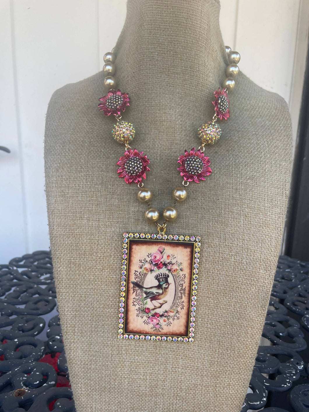 Bird With Crown and Sunflowers Gypsy South Necklace