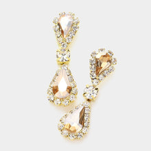 Saphire Silver Double Teardrop Accented Rhinestone Trimmed Dangle Evening Earrings