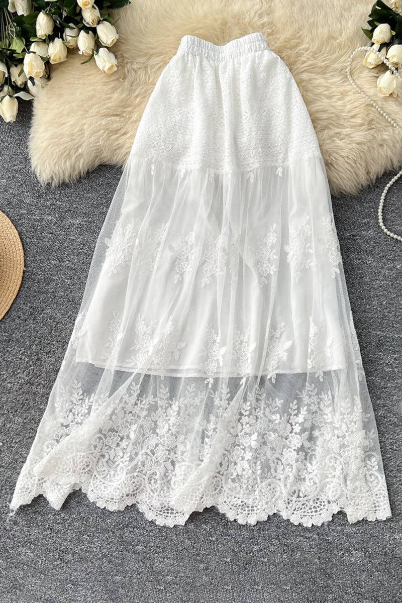 White Elegant Lace Midi Skirt