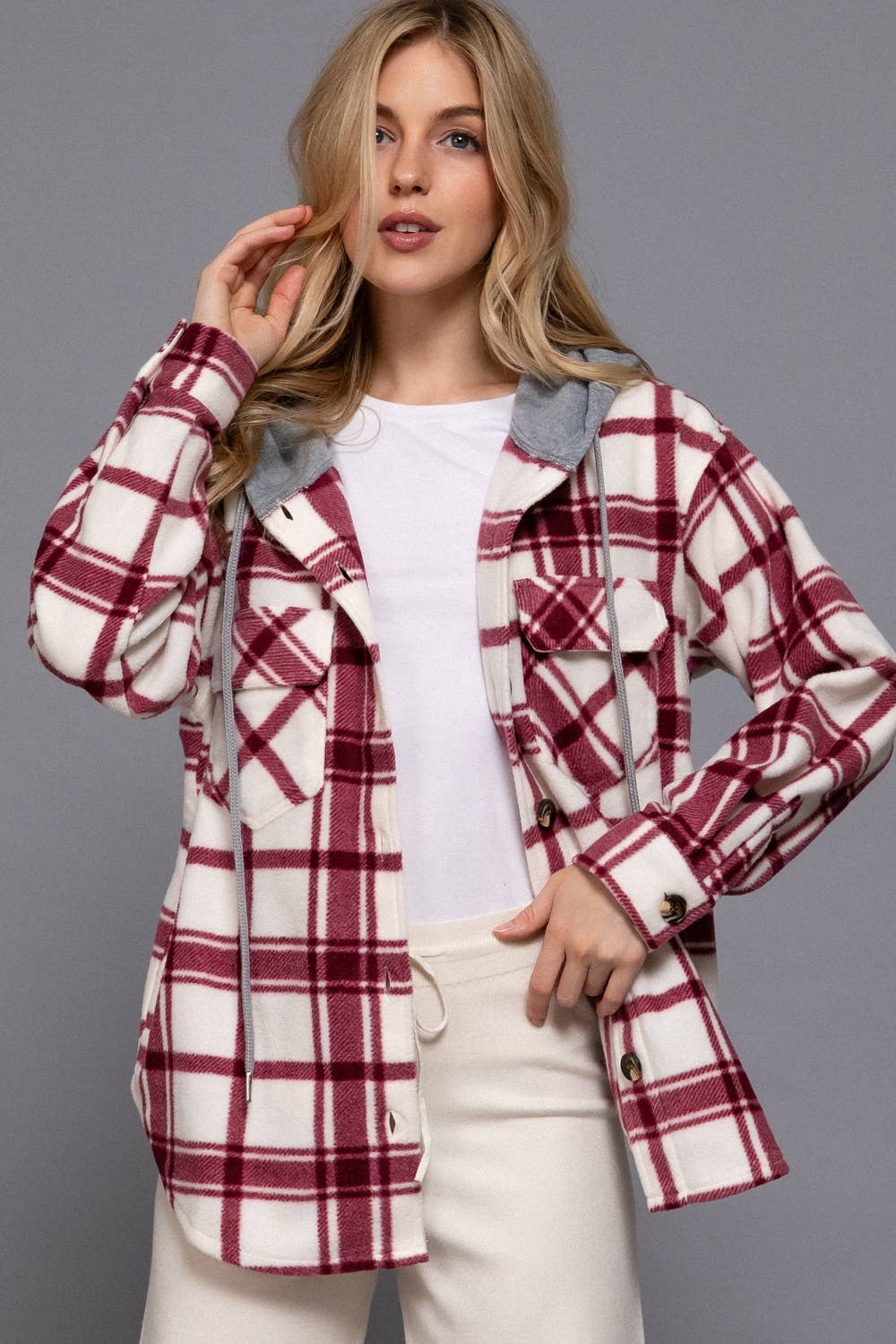 Ivory Wine Long Sleeve Plaid Button Down with Hoodie Fleece Jacket