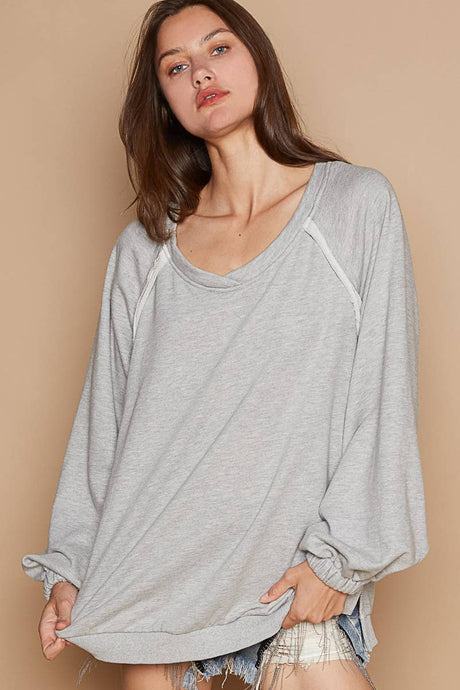 Heather Grey Back Cross Strap Details Balloon Sleeve Sweatshirt POL Top