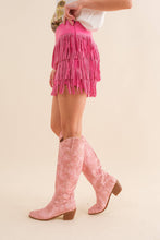 Hot Pink Wide Faux Leather Waist Tiered Fringe Studded Short
