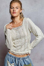 Cream Square neck long sleeve lace printed solid ruffle knit POL top