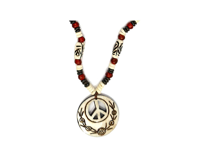 Peace Symbol Cutout Carved Bone Pendant Necklace