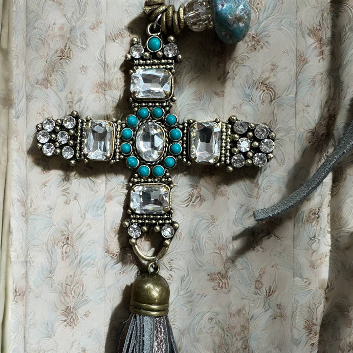 Vintage Large Crystal Turquoise cross