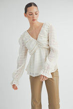 Ivory Sheer Textured V-Neck Blouse with Back Ribbon