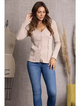 Stone Beige Ribbed Knit Button Down Long Sleeve Top