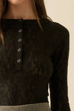 Black Floral Lace Raglan-Sleeve Henley Top