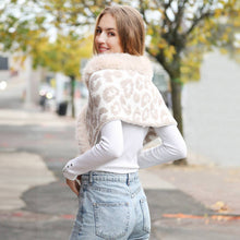 Grey Faux Fur Trim Leopard Pattern Shawl Wrap