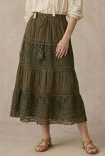 Olive Elastic Waist Maxi Mello Skirt with Lace Trim