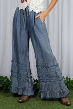 Washed Denim Flared Ruffle Hem Washed Chambray Crop Denim Pants