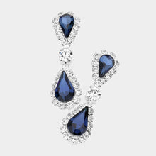 Saphire Silver Double Teardrop Accented Rhinestone Trimmed Dangle Evening Earrings