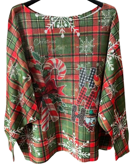 Red Candy Cane Christmas Round Knit Printed Sweater