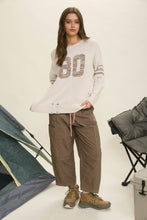 Oatmeal Distressed Long Sleeve Varsity Knit Top