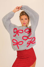 Grey Red Sugarplum Bow Knit Sweater