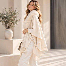 Black Faux Fur Collar Trim Fringe Shawl Poncho