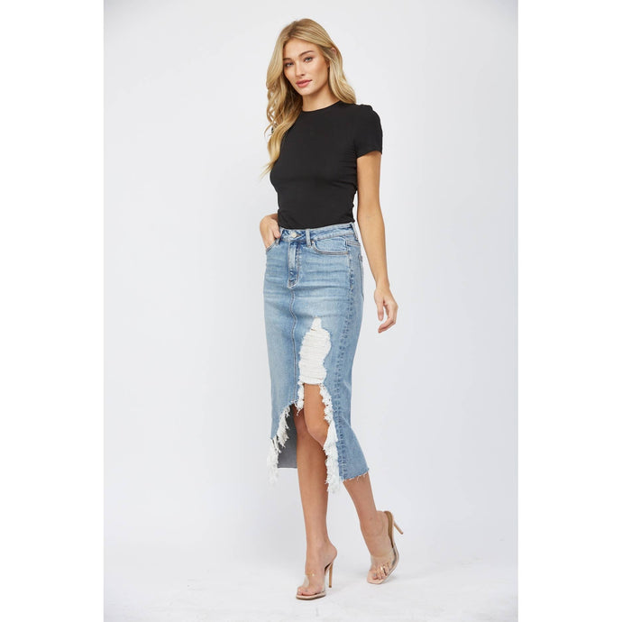 Wild Blue High Waist Distressed Mica Midi Skirt