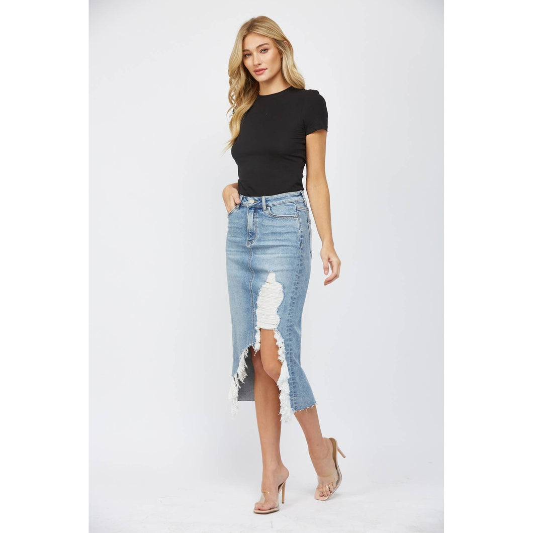 Wild Blue High Waist Distressed Mica Midi Skirt