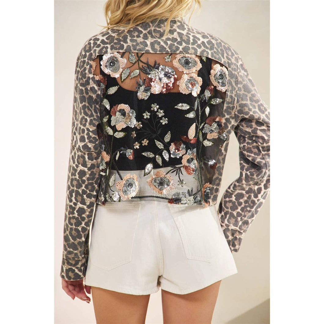 Floral Sequins Leopard Denim Veveret Jacket with back contrast