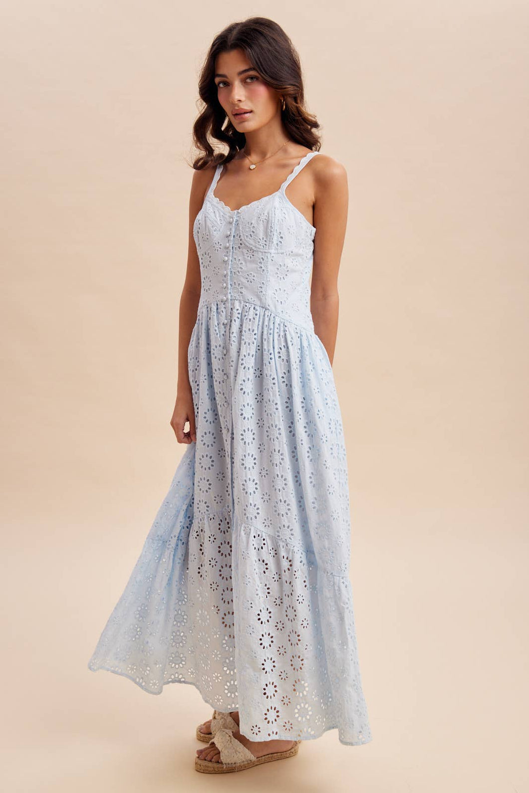 Blue Aura Button Down Eyelet Maxi Dress