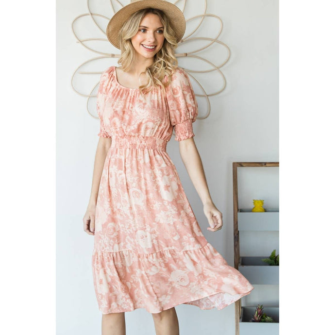 Peach Vintage Floral Square Neck Midi Dress