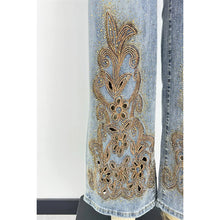 Blue Embroidered Rhinestone Detail Denim Pants