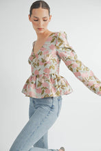 Pink Floral Jacquard Peplum Blouse