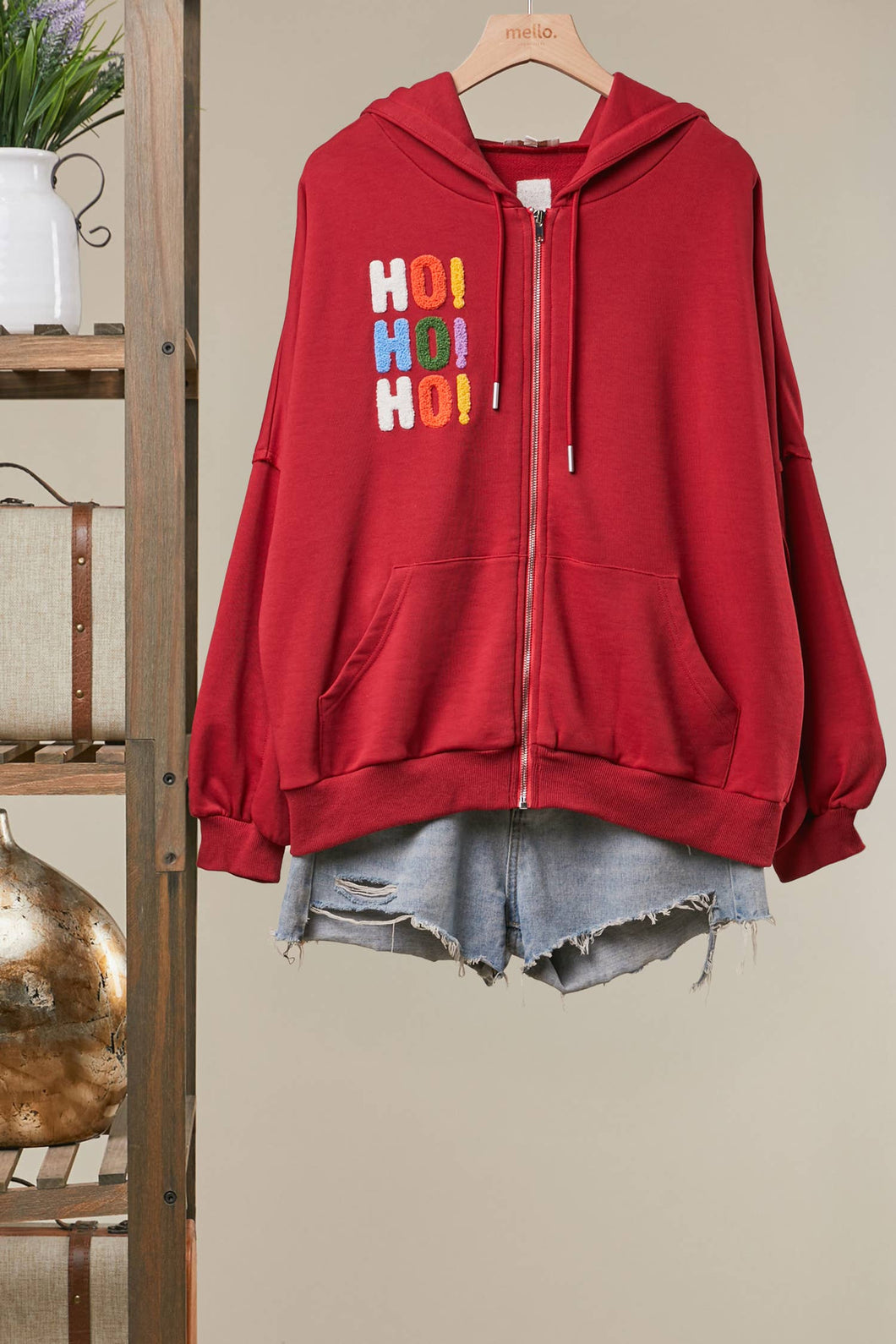 Red Christmas Embroidered Zip Hoodie