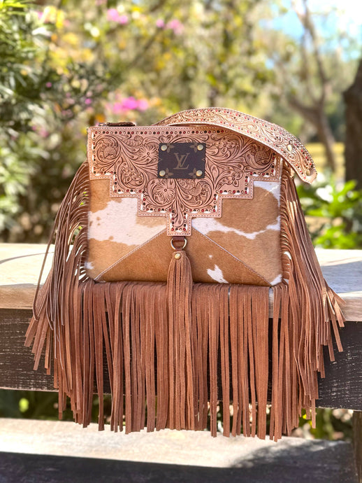 Upcycled LV Tooled Leather Cowhide Fringe Crossbody Bag 
