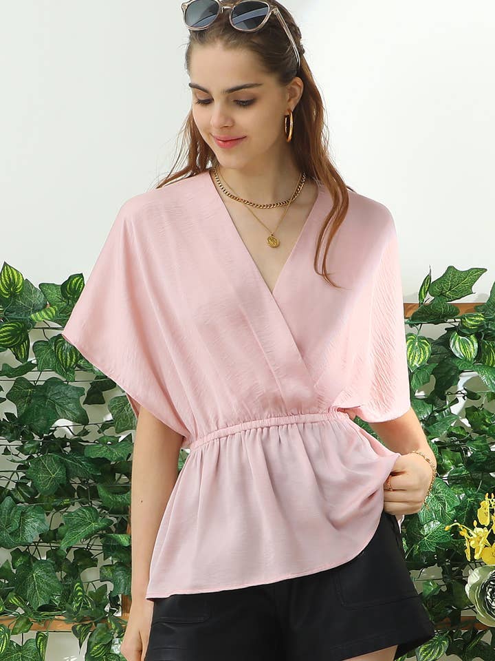 Light Pink V Neck Batwing Sleeve Silk Blouse