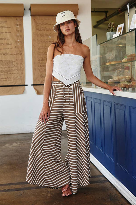 Taupe Spaghetti Tie Waist Stripe Print Wide Bucketlist Pants