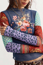 Navy Sheer Mesh Floral Patchwork Mock Neck Top