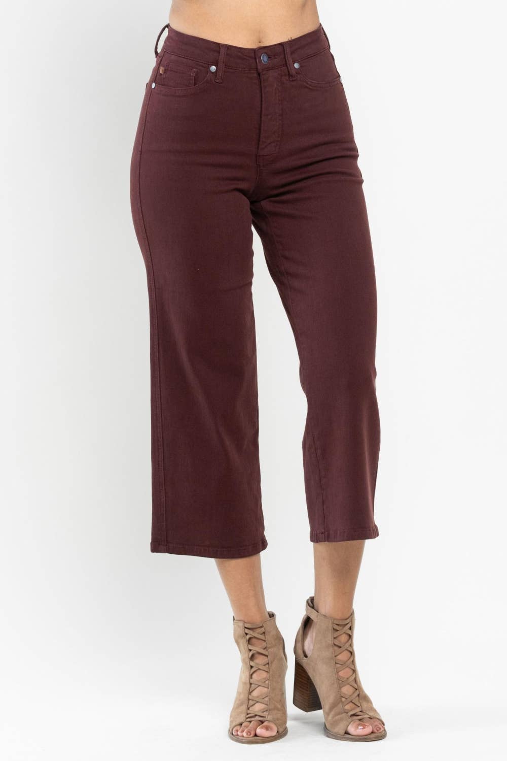 Oxblood High Waist Tummy Control Garment Dyed Wide Crop Judy Blue Capris