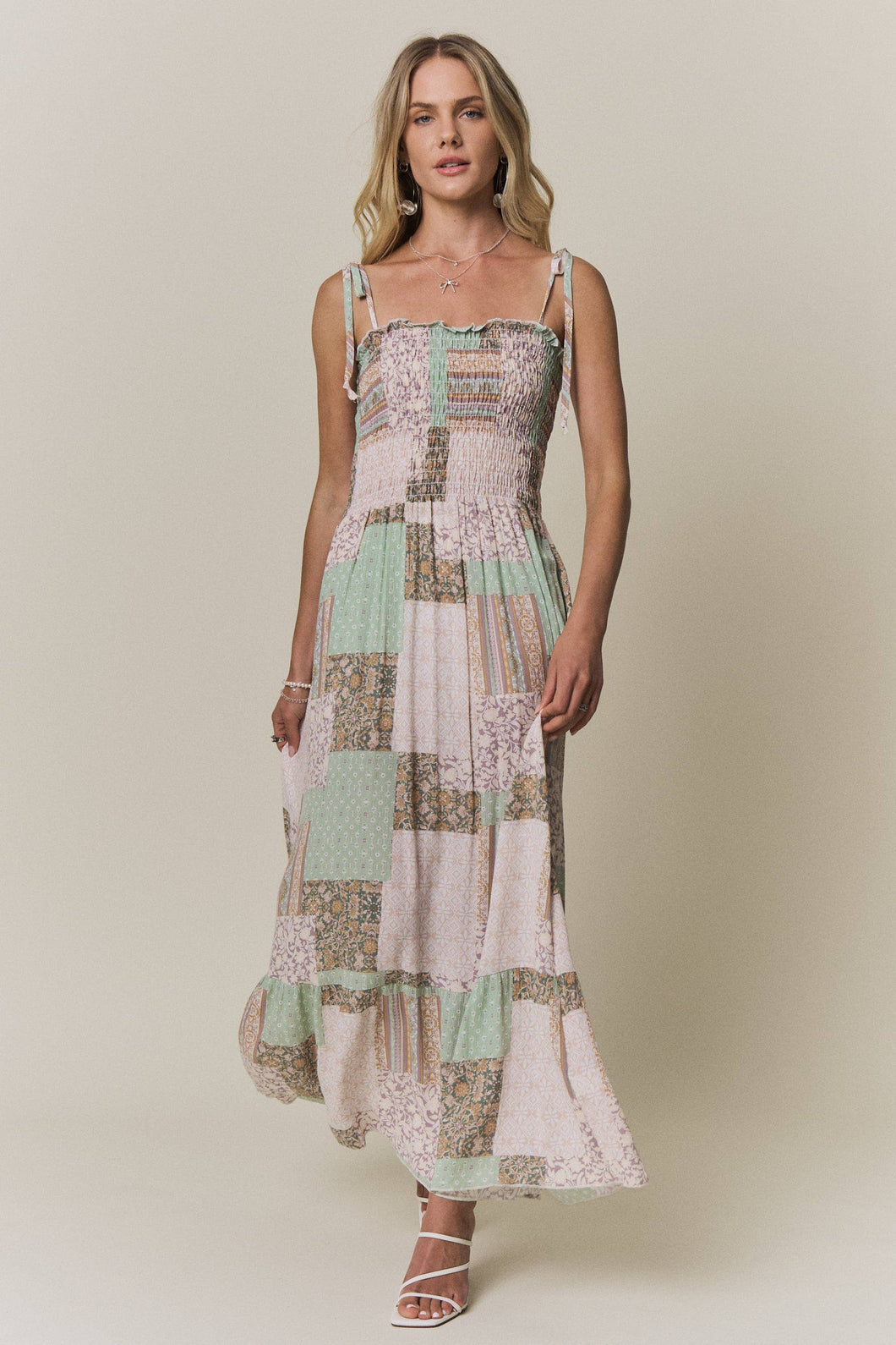 Sage Patchwork Smocked Maxi Dress
