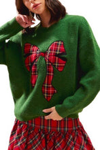 Green Checker Plaid Ribbon Christmas Holiday Sweater Top