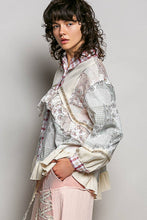 Cream Red Multi Floral Embroidery Trim Ruffle Button-Down Classic POL Shirt
