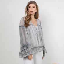 Grey Dreamy Sheer V-Neck Ruffled Button-Front Young Threads Top