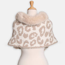 Grey Faux Fur Trim Leopard Pattern Shawl Wrap