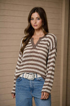 STRIPE RAW EDGE SPLIT NECK SHEER KNIT SWEATER : NAVY