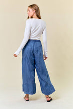 Dark Denim Elastic Waist Wide Leg Pants with Side Pocket