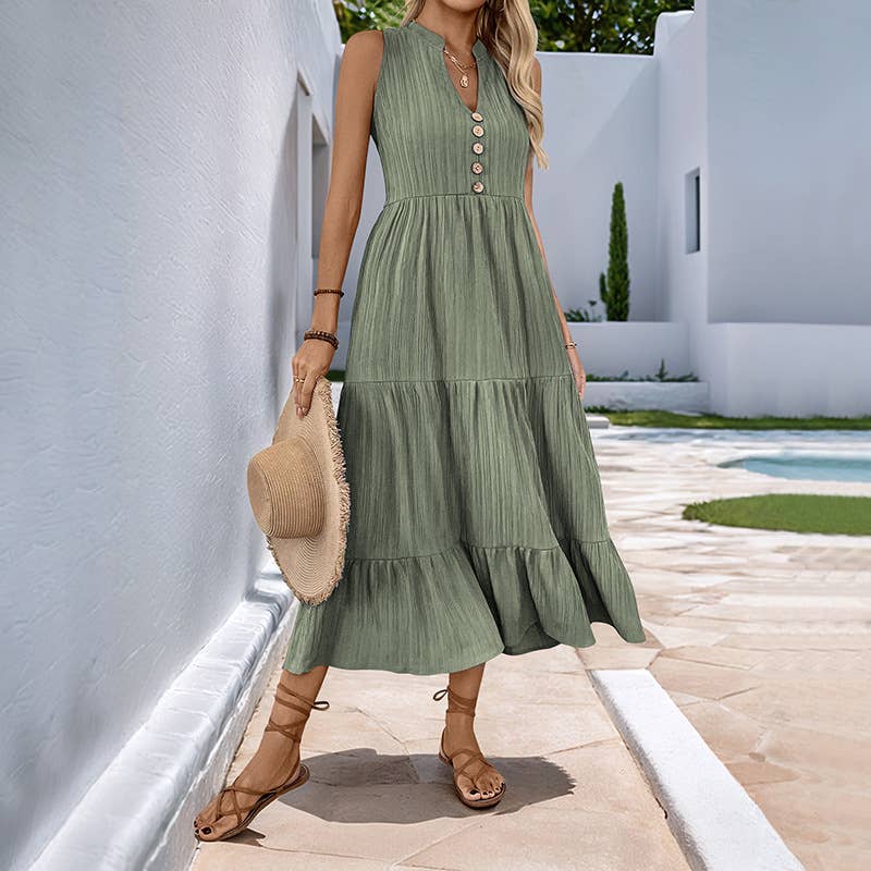 Green Ruched Sleeveless Midi Dress with Stand Collar