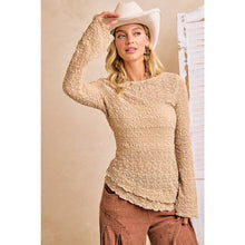 Tan Textured Lace Knit Diagonal Hemling Vell Sleeve Top