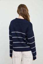 Navy Stripe Raw Crew Neck Long Sleeve Sweater