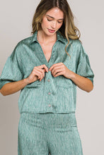 Green Short sleeve button down crop satin shirt