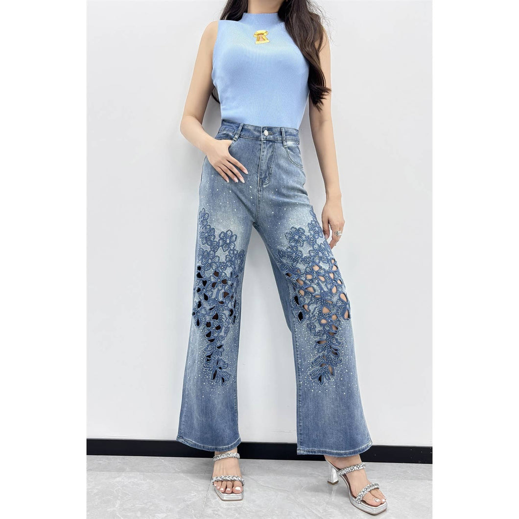 Blue Floral Lace Cutout Embellished Denim Pants