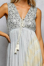 Light Grey Multi Deep V-Neck Cotton POL Dress with Tassel Loop Mirror Patch Tie-Dye