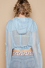 Baby Blue Multi Open knit button down pocket front hooded shirt POL top